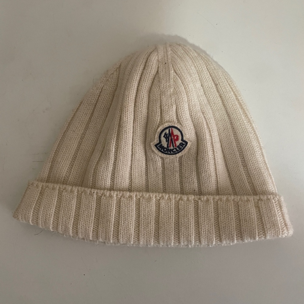 Moncler Kids Ribbed Knit Hat in Cream